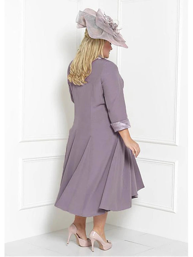 Zweiteiliges Etuikleid/Säulenkleid für die Mutter der Braut, Kirche, Übergröße, Wickelkleid inklusive, quadratischer Ausschnitt, knielang, Charmeuse, 3/4-Ärmel mit Schärpe/Band, Rüschen